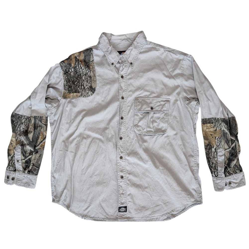 vintage Dickies XL long-sleeve button-up shirt featuring tree-bark camouflage
